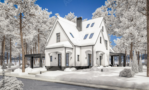 3d rendering of cute cozy white and black modern Tudor style house with parking and pool for sale or rent with beautiful landscaping. Fairy roofs. Cool winter day with shiny white snow.