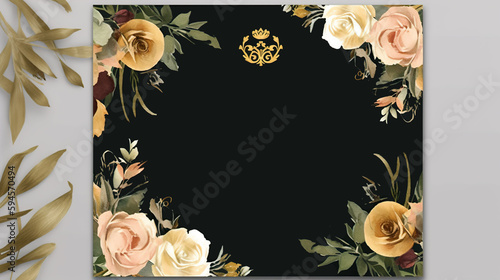 Generative iai, elegant black wedding invitation with floral details photo