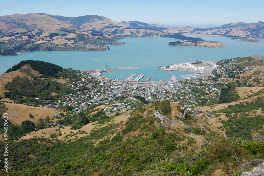Blick vom Mount Pleasant Bergwelt bei Christchurch und Lyttleton in Neuseeland mit Caldera