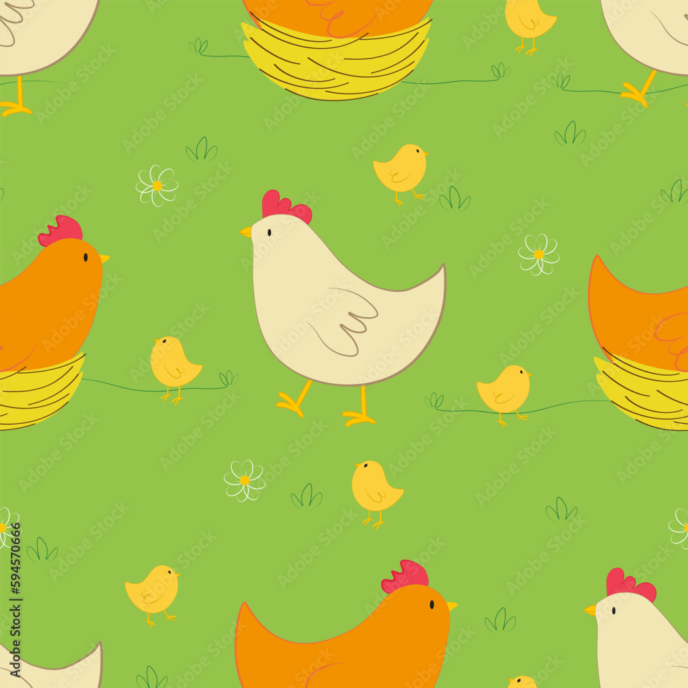 Vector seamless pattern with chickens and yellow chicks characters in green grass in cartoon style. Digital seamless Easter design with chickens and chicks Vector seamless pattern with chickens and yellow chicks characters in green grass in cartoon style. Digital seamless Easter design with chickens and chicks