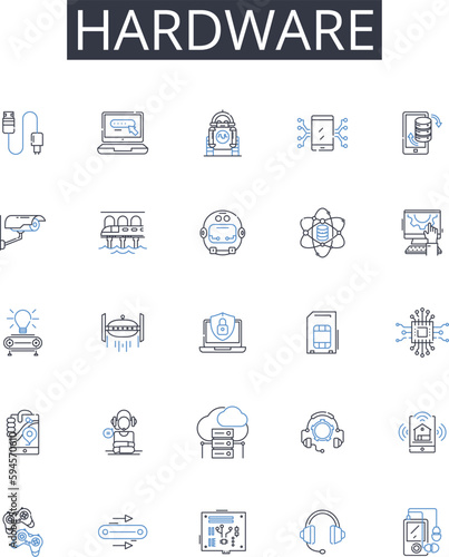 Hardware line icons collection. Tools, Equipment, Devices, Compnts, Instruments, Machinery, Apparatus vector and linear illustration. Implements,Gear,Technology outline signs set photo