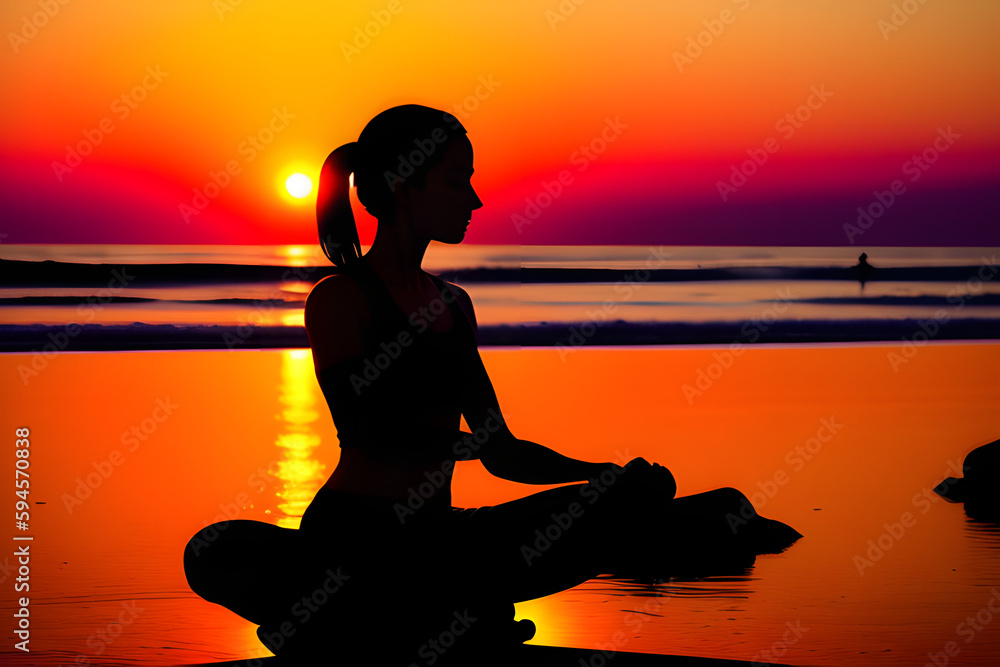 soft selective focus, yoga meditation, silhouette of woman at sunset in lotus position. health recreation and sports, outdoor training. poster.person is engaged in breathing practices. mental health