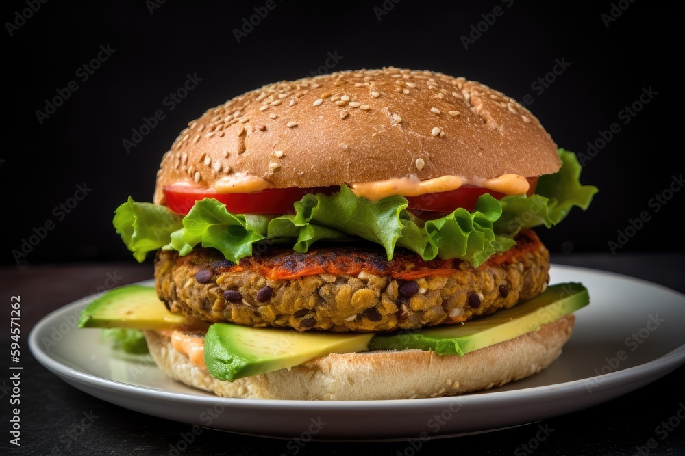 Veggie burger, with a homemade patty made of chickpeas, lentils, and vegetables with avocado, lettuce, tomato, and melted cheese Veggie burger, with a homemade patty made of chickpeas, lentils, and vegetables with avocado, lettuce, tomato, and melted cheese
