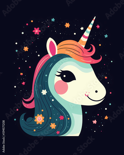 colorful cartoon illustration of a cute unicorn on black backgfound, fantasy, magical, dreamy, generative ai photo