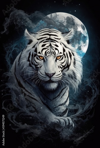 White tiger in the moonlight Generative Ai © ExeLove