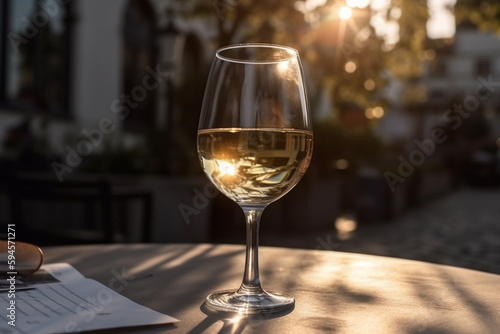 wine in a glass in the rays of the sun on the table