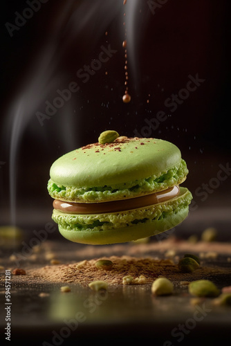 pistachio macaron dessert on a dark background