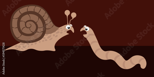 simple vector illustration cartoon brown worm and snail