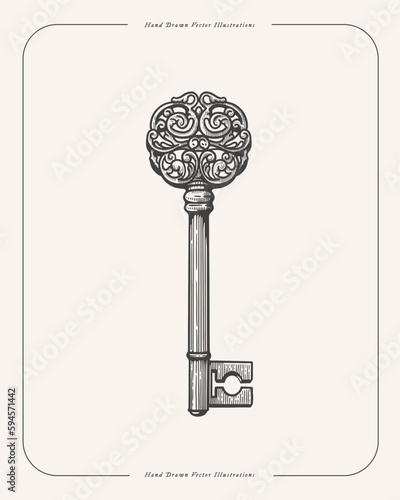 Elegant key from an ancient lock in engraving style. Antique key with Victorian swirls on white isolated background. Vintage vector illustration for postcard design, book or tattoo template.
