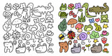 set of cartoon wild animals, bugs, and flower doodles. cute seamless vector.