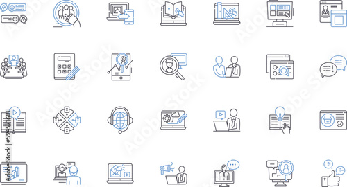 Web-based training line icons collection. E-learning, Distance learning, Online courses, Virtual classroom, Webinar, Interactive, Multimedia vector and linear illustration. Accessible,Personalized