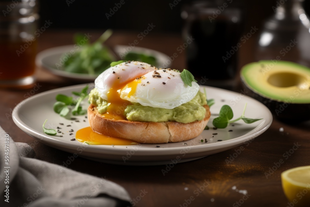 Poached eggs on an English muffin, topped with avocado mash and amber natural honey. Generative Ai Poached eggs on an English muffin, topped with avocado mash and amber natural honey. Generative Ai