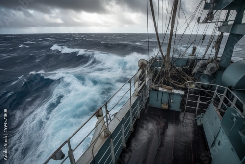 Ship during strong Hurricane , A lot of splashes. View from bridge. Sea water clinging to the deck as cameras strain for a glimpse of the abyss below. High waves hit ship. Generative Ai