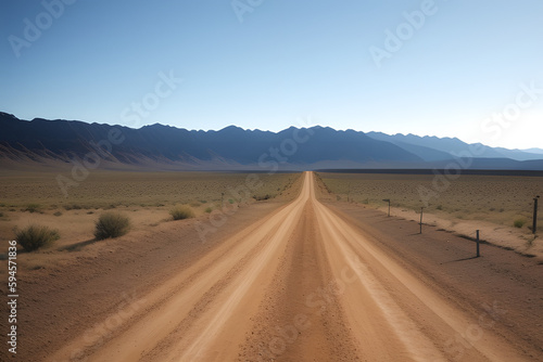 A dirt road leading off into the distance to mountains on the horizon under a clear blue sky.