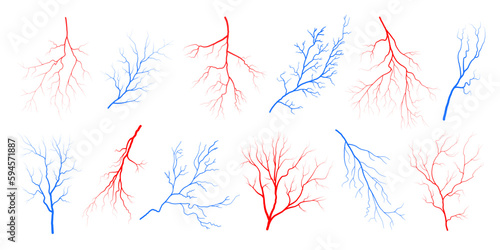 Human eye blood veins vessels silhouettes vector illustration set isolated on white background. Red and blue eyeballs veins anatomical collection of human blood vessel artery health system.