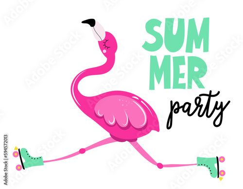 Summer Party - Hand drawn summer flamingo illustration with funny words. Holiday color poster. Good for clothes, posters, greeting cards, banners, textiles, gifts, shirts, mugs.