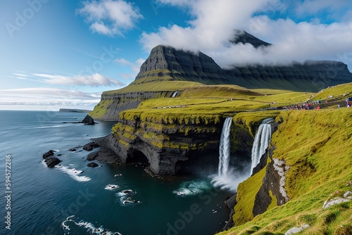 Gasadalur village and Beautiful waterfall, Vagar, Faroe Islands Generative AI.