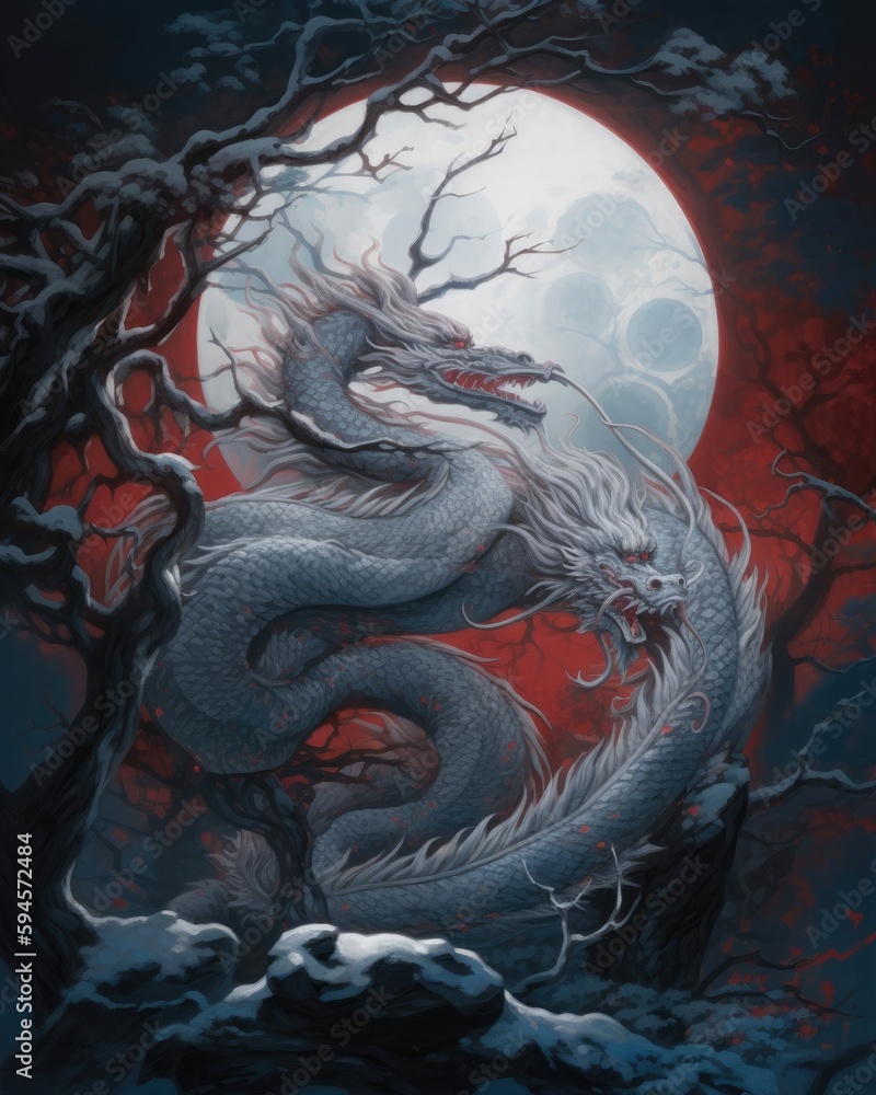 Fototapeta premium A white dragon with a crescent moon in the sky Generative Ai