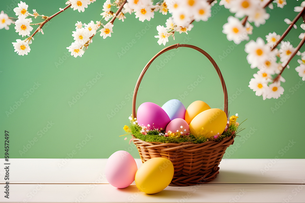 Fresh flowering branches decorated with easter colorful eggs in a vase. Holiday concept, home Decoration, happy childhood and family traditions. Close up view. Vertical photo.