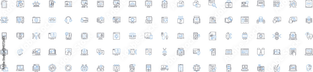 Hardware line icons collection. Computer, Processor, Motherboard, Graphics, Memory, Keyboard, Mouse vector and linear illustration. Display,Monitor,Hard drive outline signs set