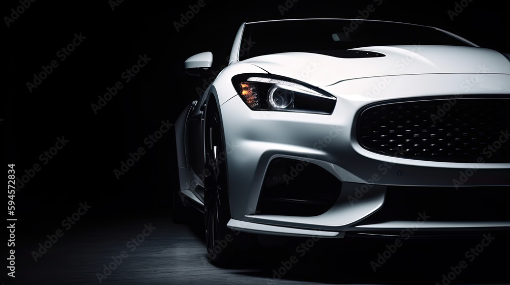 Close up white luxury car on black background with copy space