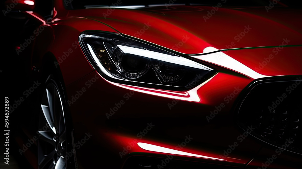 Close up red luxury car on black background with copy space