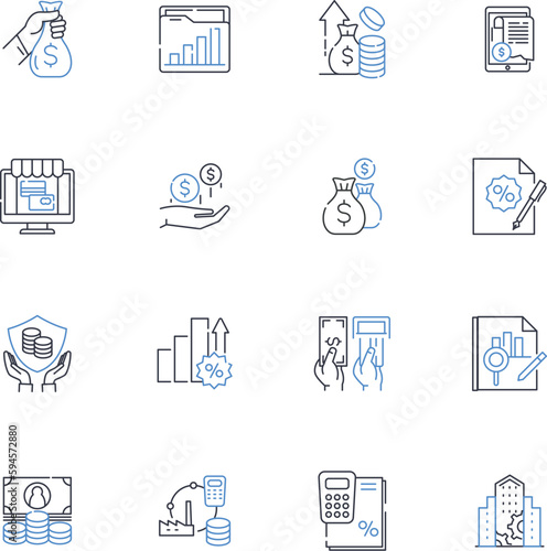 Mortgage lending line icons collection. Rates, Refinance, Equity, Credit, Loan, Interest, Property vector and linear illustration. Approval,Closing,Lender outline signs set