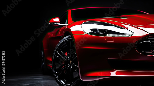 Close up red luxury car on black background with copy space