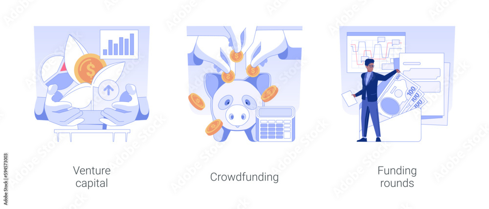 Raising money for startup isolated concept vector illustrations.