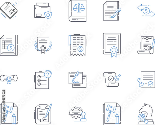 Legal sector line icons collection. Litigation, Jurisdiction, Counsel, Advocacy, Arbitration, Mediation, Compliance vector and linear illustration. Negotiation,Courtroom,Bailiff outline signs set