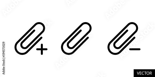 Add and remove attachment, paper clip with plus and minus sign vector icons in line style design for website, app, UI, isolated on white background. Editable stroke. Vector illustration.
