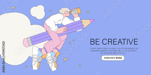Woman designer flying on pencil . Creative or educational process banner, ad, landing page or poster for web design studio, startup or courses. Generating ideas, imagination, inspiration concept.