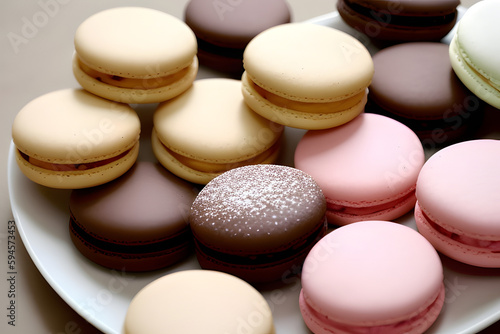 A group of dark mood french macaroons cookies in beige and brown