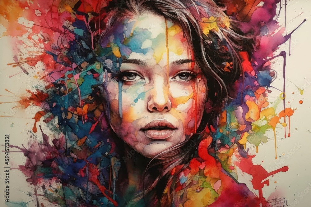 Realism style portrait of attractive female. Colorful abstract splashes.