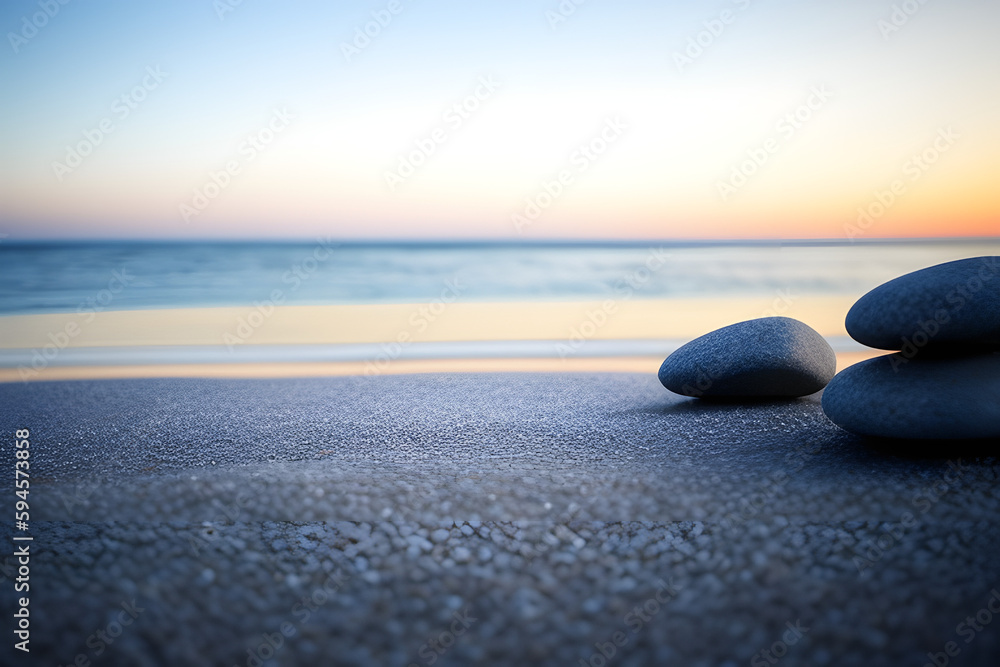 Zen stones background. Tower of stones on the sea beach on a summer evening. Meditation, calmness, peace, mental health concept.