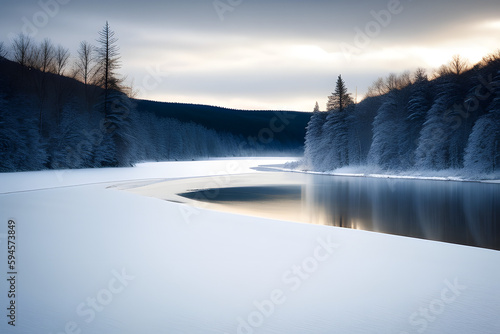 Winter river landscape with in the frozen bank of the river. Cold wet weather with gray sky. Sandy beach with trees. Environmental protection. Outdoor ... See More