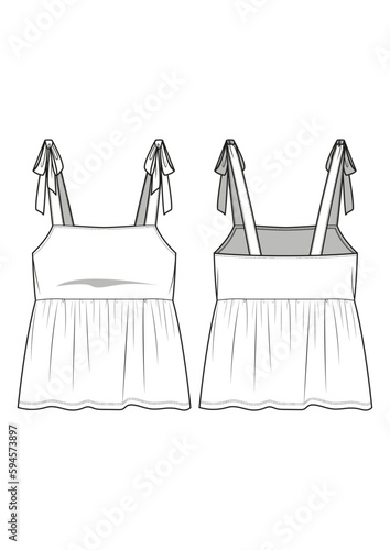 Womenswear summer tie strap babydoll tank technical drawing / flat sketch /CAD / ADOBE Illustrator vector digital download