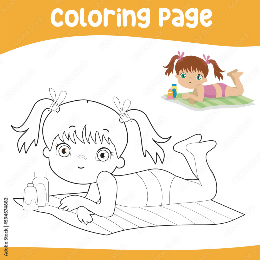 Coloring page outline of a cute little girl laying on the beach mat for sunbathing during the summertime. Coloring book for kids. Vector black and white coloring page.