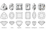 Barion-cut diamonds of various shapes with diagrams.  3d illustration isolated on white background