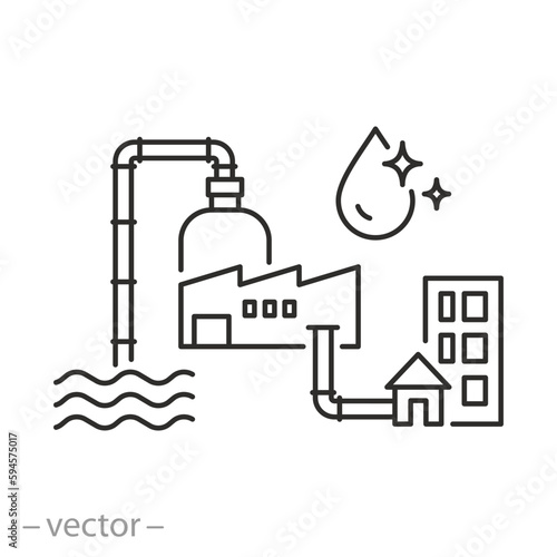 water filtration or purification icon, plant desalination equipment, thin linear symbol on white background - editable stroke vector illustration eps10