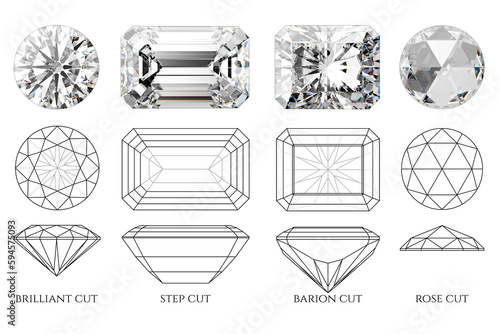 Four diamond cut styles - brilliant, step, barion, rose, with diagrams.  3d illustration isolated on white background