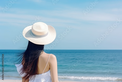 "Beach Bliss: Asian Girl in Hat Enjoying Seaside Serenity. Generative ai