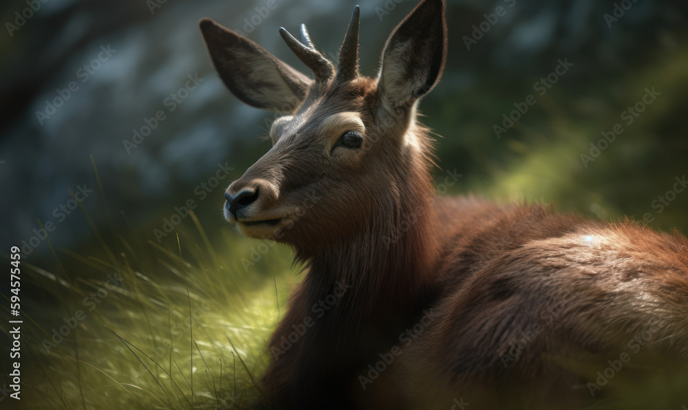 close up photo of chamois (genus Rupicapra) with blurry mountains as background. Generative AI close up photo of chamois (genus Rupicapra) with blurry mountains as background. Generative AI