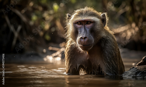 photo of chacma baboon sitting in water in its natural habitat. Generative AI © Bartek