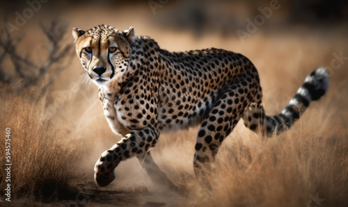 Photo of cheetah, frozen in mid-sprint, captured as it traverses grasslands of African savannah. This photograph brings viewers face to face with majesty of this magnificent creature. Generative AI