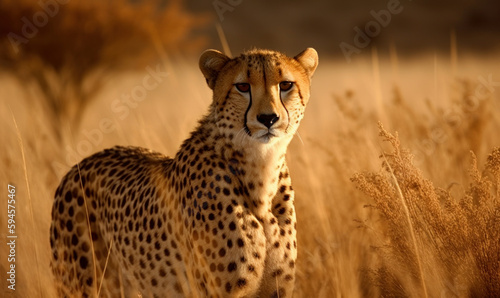 sunset photo of cheetah standing on African savannah. Generative AI