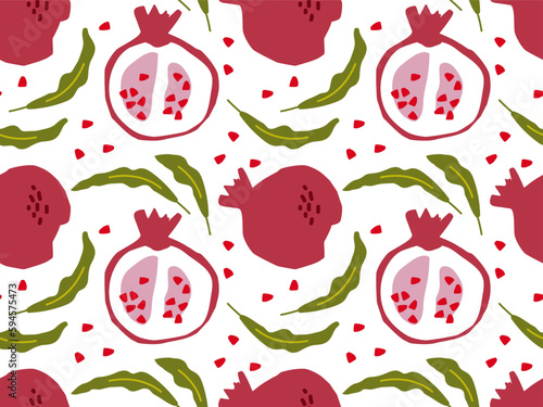 Seamless pattern with pomegranate fruits, leaves, seeds. Hand drawn doodle sketch background. Whole fruit and cut half. Food vector template for menu, nursery wallpaper, textile, wrapping paper