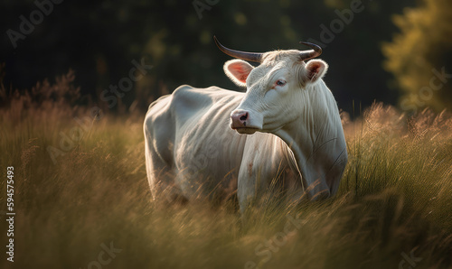 Charolais majestic breed of cattle grazing in verdant sun-drenched meadow. photograph transports viewers to tranquil world of rural France where Charolais thrives in harmony with nature. Generative AI