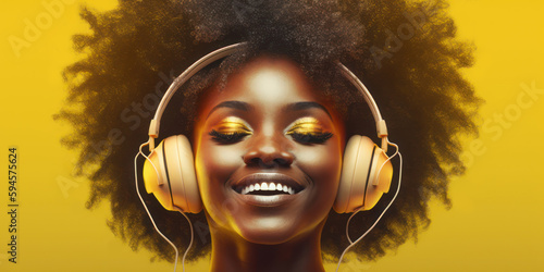 Generative AI image of happy smiling african american beautiful black woman with afro hairstyle, listening music with headphones. Beauty portrait at studio isolated over yellow background. 