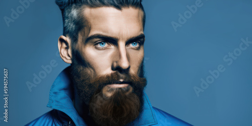 Generative AI image of a handsome bearded man, dressed in blue jacket at studio isolated over blue background. Hipster man, urban style, beauty barbershop concept.